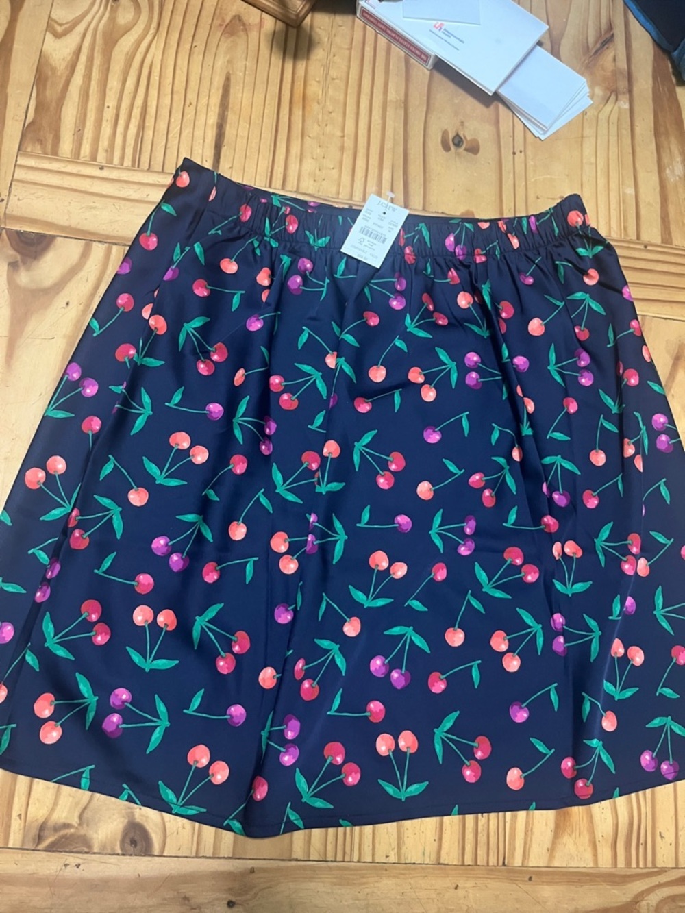 J. Crew Navy A-Line Skirt with Pink and Orange Cherry Print - Picture 4 of 6